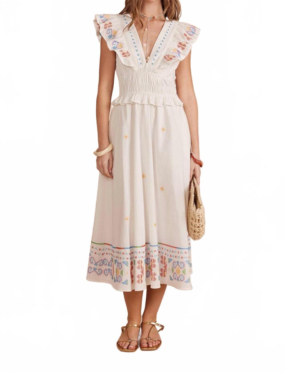 NEW STRUT & BOLT cross-stitch embroidered flutter sleeve midi dress in off white